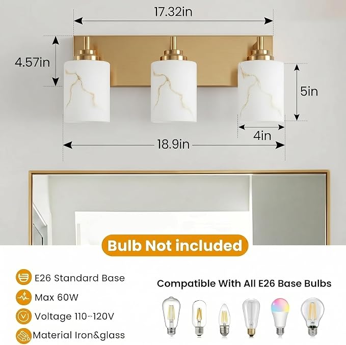 3-Light Bathroom Light Fixture, Gold Modern Vanity Light with White Marble Glass Shade, for Bathroom Mirror, Living Room, Bedroom, Hallway, E26 Base, Extended Base