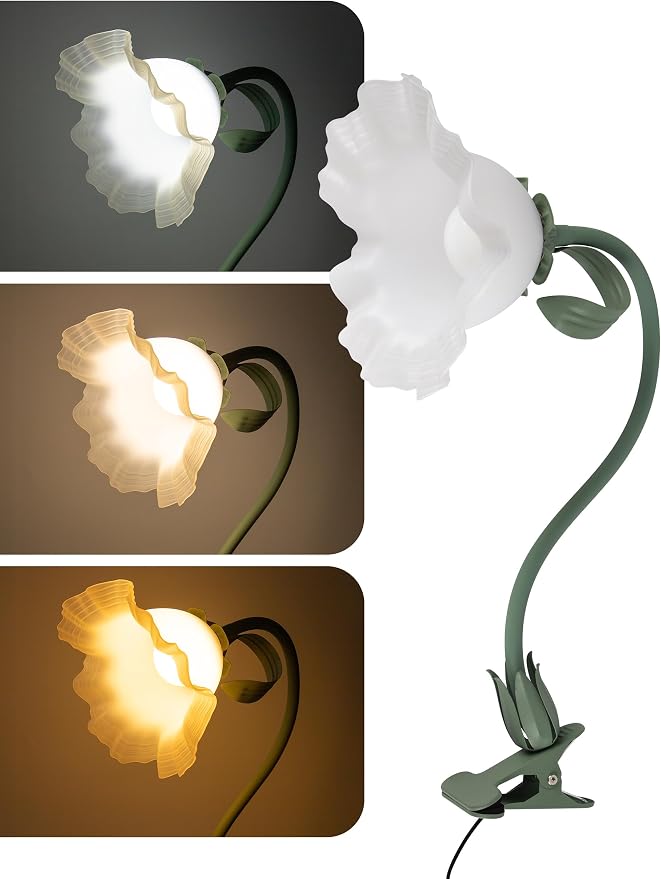 Flower Clip On Desk Lamp for Home and Dorm - Cute Floral Clip On Bedside Book Reading Light, Green Flower Bunk Bed Lighting, Kawaii Led Flexible Gooseneck Table Lamp for Headboard with Clamp