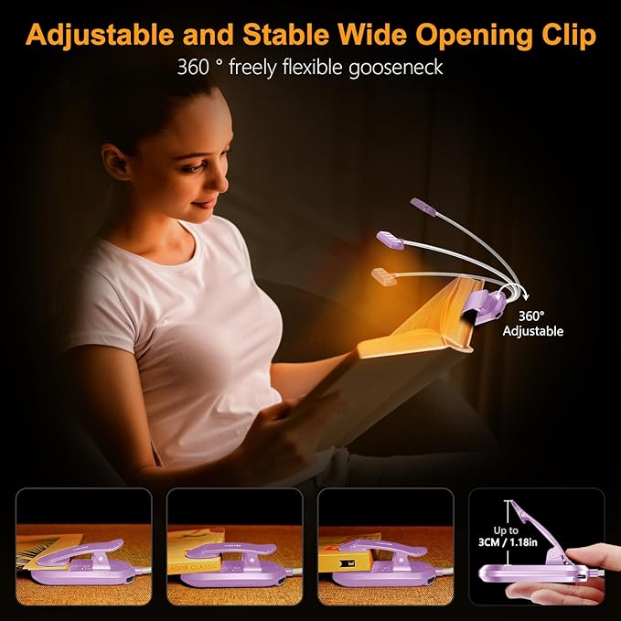 Gritin Rechargeable Book Light for Reading in Bed with 19 LED &Memory Function-Eye Caring 3 Color Temperatures,5 Brightness Levels,90 Hrs Runtime Flexible Goose Neck Clip on Light-Purple