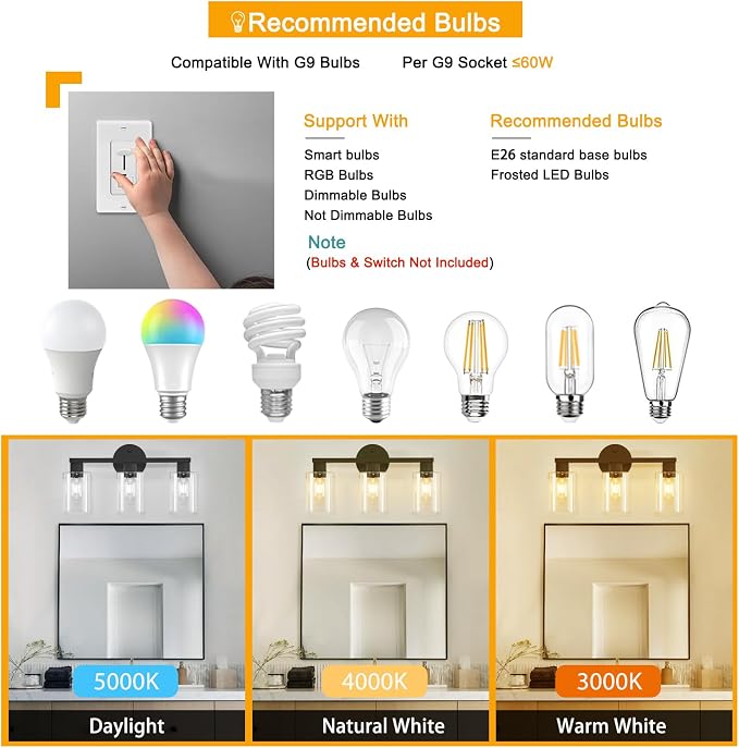 Black Bathroom Light Fixtures 3-Light Bathroom Vanity Light | Clear glass shade, Anti-rust, Easy install, E26 scoket, Vanity Lighting Fixtures, Over mirror, Makeup, 18.6in Vanity lights