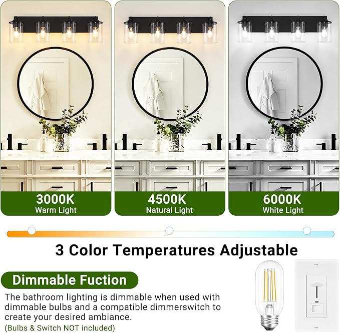 4-Light Bathroom Lighting Fixtures Over Mirror, Matte Black Bathroom Vanity Lights with Clear Glass Shade, Modern Vanity Lighting Fixtures for Living Room, Bedroom, Hallway