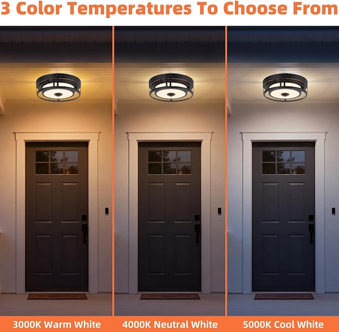 LED Motion Sensor Outdoor Ceiling Light Flush Mount Porch Ceiling Light | 12 Inch Black Ceiling Light Fixtures, Dusk to Dawn Outdoor Light Waterproof, 3CCT 3000K/4000K/5000K for Porch Garage Patio
