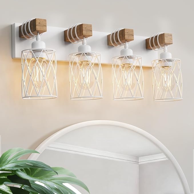 IZORRO Farmhouse Bathroom Vanity Light, 4-Light Wood Bathroom Light Fixtures Over Mirror, Matte White Industrial Vanity Lights with Metal Shade, Rustic Restroom Lighting Fixtures