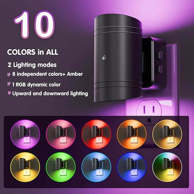 L LOHAS LED Night Light, 2 Pack,10-Color Changing Night Light for Kids,180° Rotatable Plug RGB Nightlight, LED Plug in Wall Light with Dusk to Dawn Sensor for Bathroom Decor, Children Room, Gift
