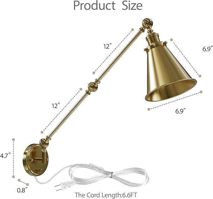 Plug in Wall Sconces Set of Two, Gold Swing Arm Wall Lamp with 6.6FT Plug-in Cord and Knob Switch, Metal Hardwired Wall Lights for Bedroom, Reading, Study Room, Office, Living Room (2 Pack)