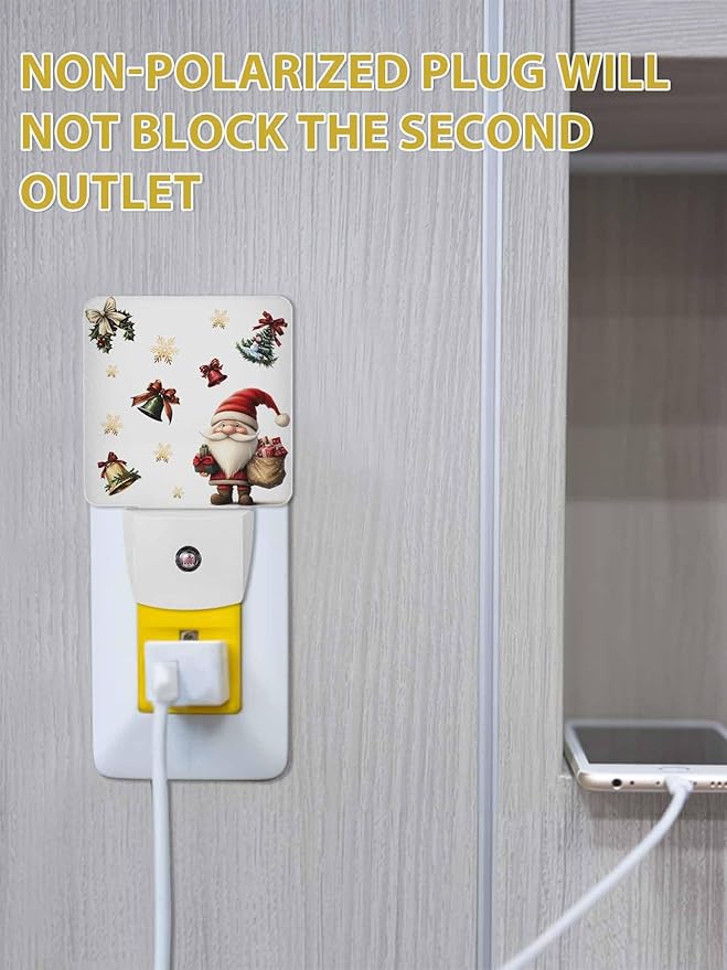 Christmas Night Lights Plug into Wall LED Night Light Santa Claus with Gift Snowflake Bell Winter Automatic Dimmable Dusk-to-Dawn Square Shaped Smart Nightlight for Bathroom/Bedroom