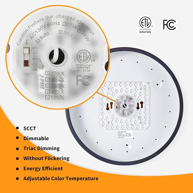 Flush Mount Ceiling Light Fixtures Black LED Dimmable 5CCT 12In 24W 3Pack | 2700K, 3000K, 3500K, 4000K, 5000K, Iron Construction, IP40, For Bathroom, Bedroom, Kitchen, Entryway, Closet & Hallway, ETL