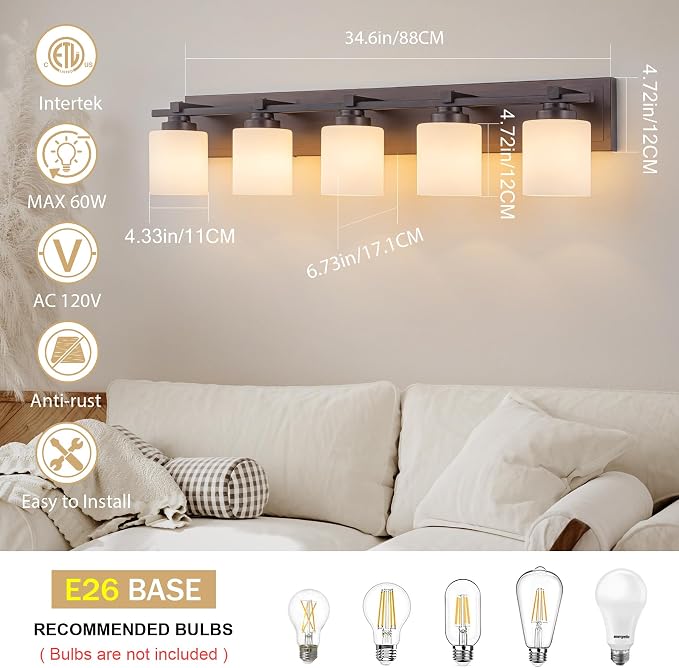 Modern Bathroom Light Fixtures Over Mirror, Vanity Lights for Bathroom Wall Sconces with Milky White Glass Shades, E26 Socket (Bulbs Not Included), 5 Light, Oil Rubbed Bronze