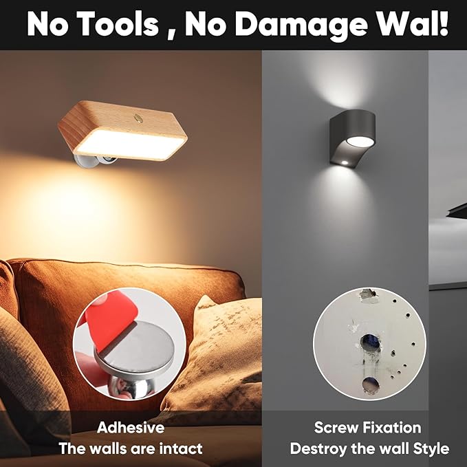 Battery Operated Wall Sconces Set of Two, Rechargeable Wall Lights Battery Operated, Wood Stick On Wall Mounted lamp Bedside Reading for Bedroom, Stepless Dimmable Wall Lamps for Living Room
