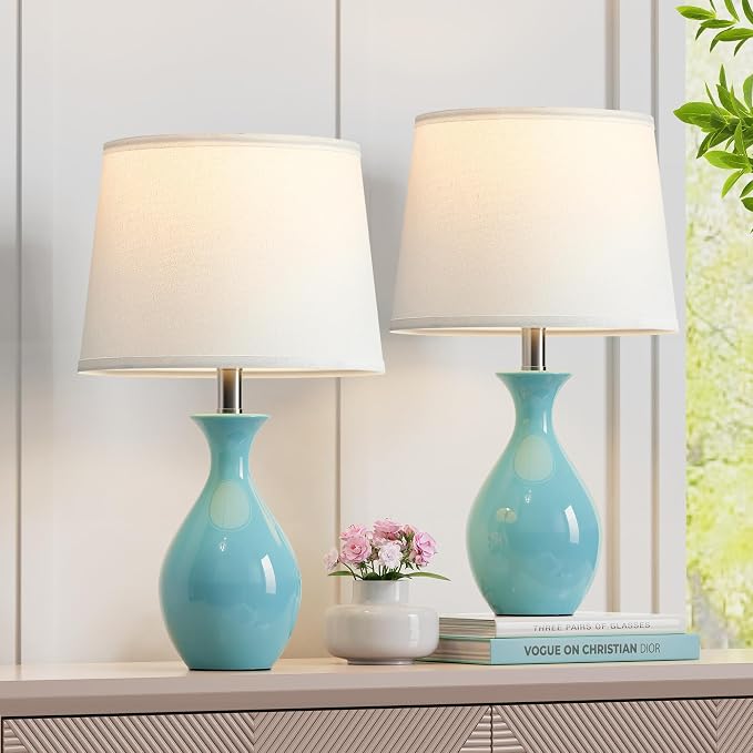 Table Lamp Set of 2, Modern Ceramic Bedside Lamps for Night Stands, Classic Small Lamp Nightstand Lamp for Bedroom Living Room Desk End Table Rocker Swtich Sky Blue