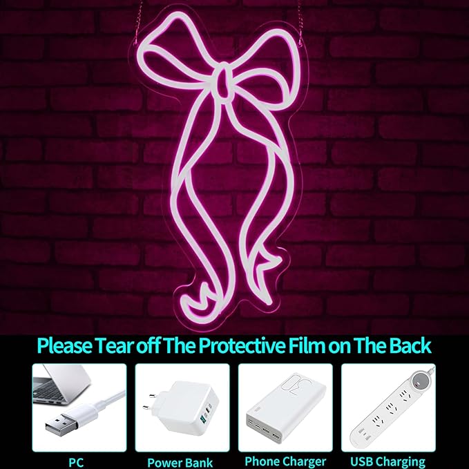 Bow Neon Sign - JGHTURIE Neon Signs for Wall Decor, Pink Bow Ribbon Light up Signs for Room, Bar, Party, Home Decor, Led Sign - USB Powered