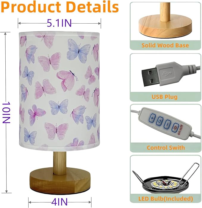 Butterfly Kids Table Lamp for Bedroom Kids Bedside Lamps 3 Colors Dimmable Nightstand Night Light with Cartoon Flaxen Fabric Shade Desk Lamp for Girls Boys Room Nursery Decor,Butterfly Gifts for Girls