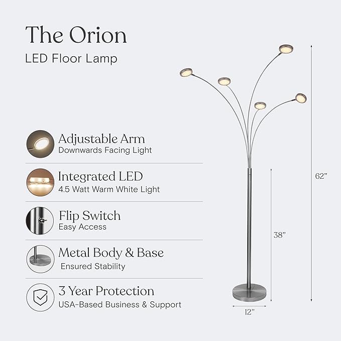 Brightech Orion Arc Floor Lamp for Living Room, Tree Floor Lamp with 5 Adjustable Arms, Multi-Head Standing Lamp with Flexible Rotating LEDs for Bedroom, Dorm - Bright Hanging Lighting - Satin Nickel