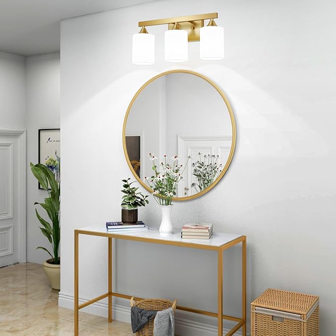 ZHU YAN Bathroom Vanity Lights Over Mirror,Gold Bathroom Light Fixtures 3 Lights，Modern Wall Sconces Milky White Glass Shades for Mirror Living Room Bedroom Standard E26 Base
