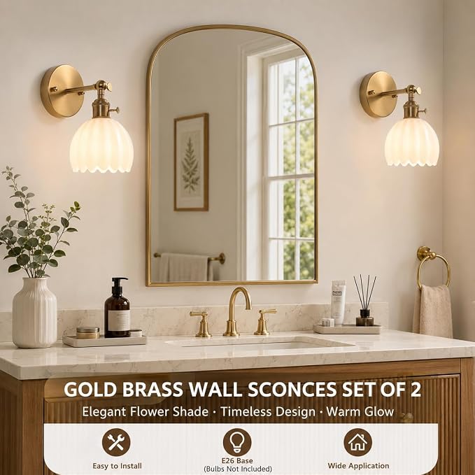 1-Light Gold Brass Bathroom Light Fixture,Wall Sconces set of 2,Brushed Gold Vanlity Light Over Mirror,Bathroom Vanity Light with White Tulip Glass Flower Shade,E26 Socket(Bulbs Not Included)