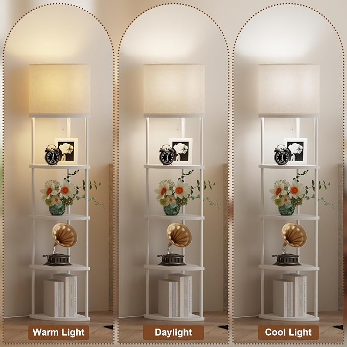 Qupui Floor Lamp with Shelves, 61.5" 5-Tier, 3-Color LED, White | Fabric Shade With Soft Cozy Light. 3 Color Temperatures 12W LED. 5 Tiers, 22 Lbs Each. Durable Composite Panels, Metal Frame