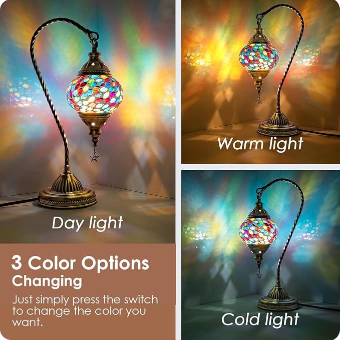 Yarra-Decor Turkish Moroccan Lamp with Bronze Base 3 Color Options Handmade Swan Neck Mosaic Glass Bedside Lamps for Bedroom (LED Bulb Included)(Colorful3)