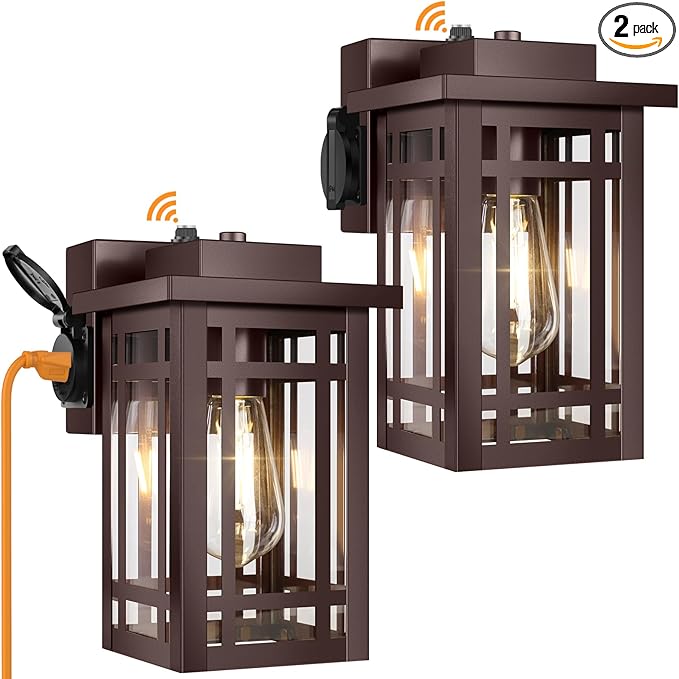 2-Pack Outdoor Porch Lights with Outlet,Dusk to Dawn Modern Outdoor Wall Lights Exterior Lighting Fixtures Waterproof,Orb Bronze Outside Light for House Patio Garage Hallway