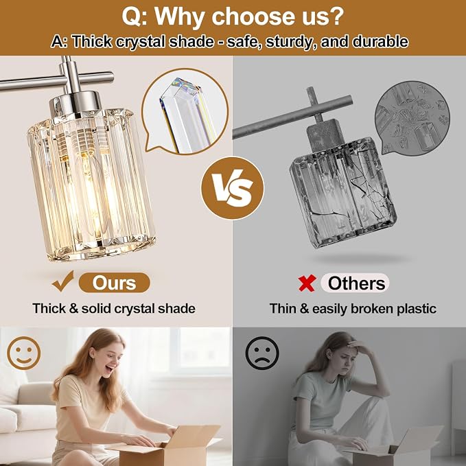 Modern K9 Crystal Bathroom Vanity Light Fixtures, 4-Light Chrome Vanity Lighting Over Mirror, Clear Crystal Shades, Modern Bathroom Light for Bedroom Living Room Hallway Dressing Room