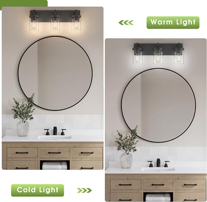 Bathroom Vanity Light, 3 Light Matte Black Vanity Lights with Clear Glass Shade, 22in Modern Wall Sconces, Bathroom Lighting Fixtures Over Mirror