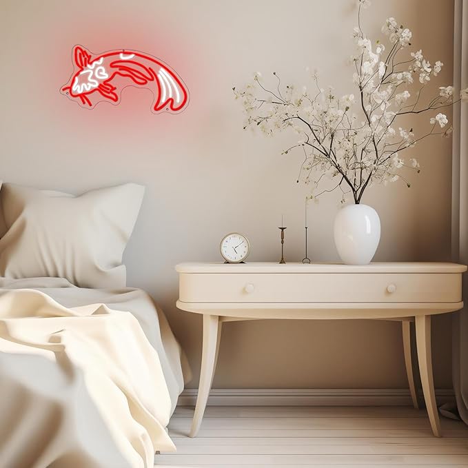 Koi Fish Neon Sign for Wall Decor Koi Carp Neon Lights Japanese Fish Led Neon Red White Neon Signs Lucky Sign 16.7”x9.3” for Bedroom Office Living Room Decoration