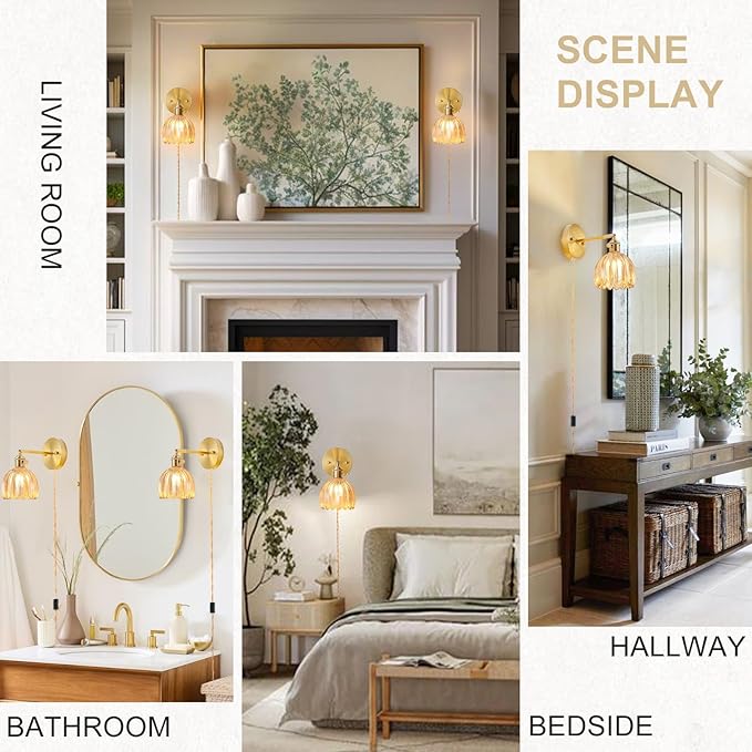 Plug in Wall Sconce, Vintage Sconce Light with Tulip Amber Glass Lampshade, Bedside Wall Sconce with Switch and Plug in Wall Lamp Cord, Gold Wall Light for Bedroom