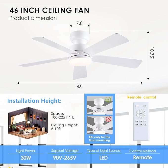 Asyko 46" White Modern Low Profile Ceiling Fan with LED Light and Remote | Flush Mount,Super Large Airflow with 6 Wind Speeds, Reversible, Dimmable 3 CCT LED Light, Quiet 30W DC Motor,2H Timer