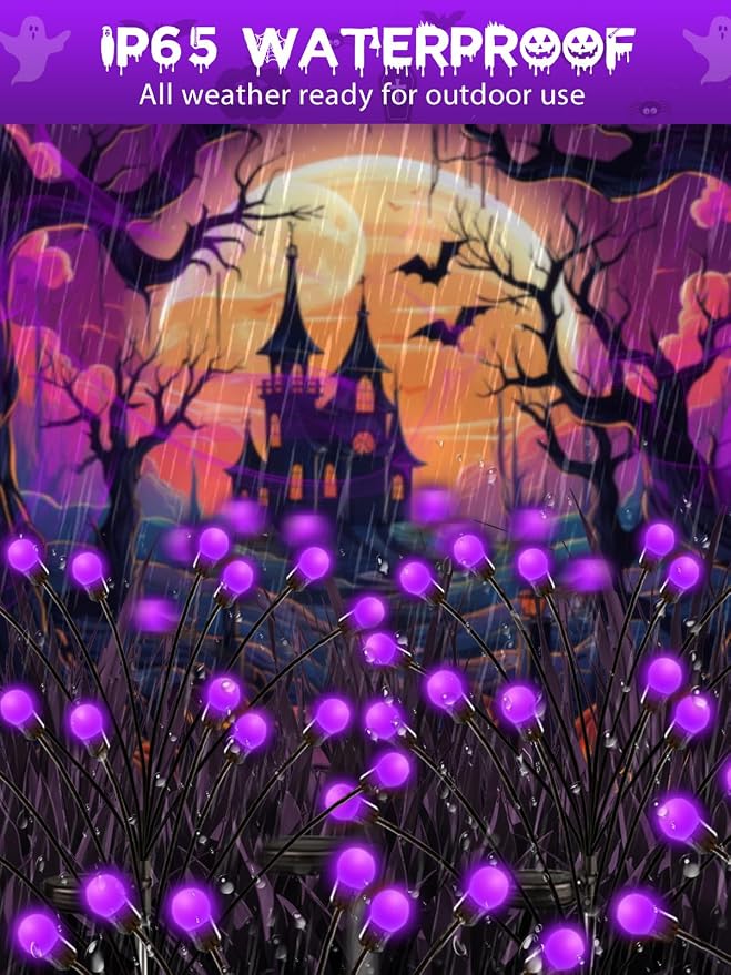 Halloween Decorations Outdoor Solar Firefly Lights 6 Pack 48 LED Purple | 2 Lighting Modes, Memory Function and Auto On/Off, Sway with Wind, Waterproof Halloween Decor for Outside Horror Party Garden
