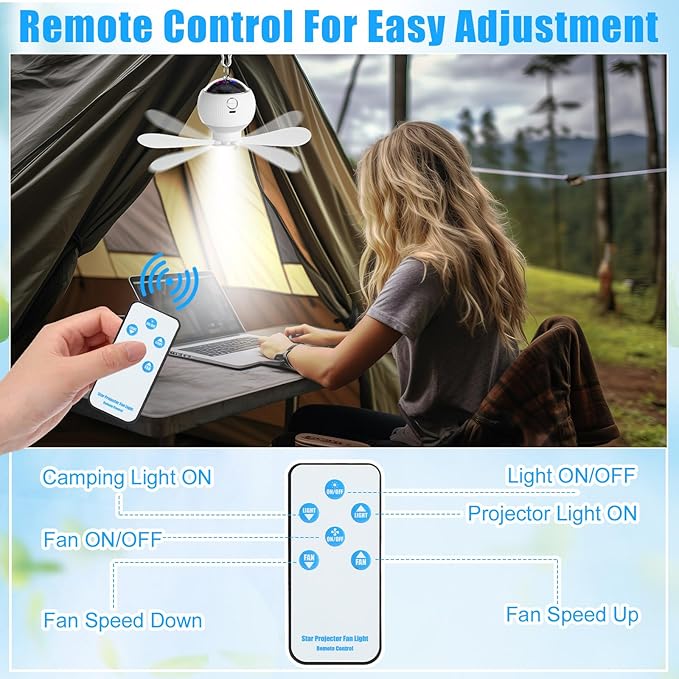 2 Sets Camping Fan with Star Projector 3 in 1 Rechargeable Ceiling Fan with LED Lantern Portable Tent Fans for Camping Hanging with Remote Control Outdoor Camping RV Essentials Indoor Decor