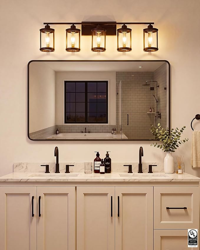 5-Light Oil Rubbed Bronze Bathroom Light Fixtures Over Mirror with Clear Glass and Metal Cage Shade, 38" UL-Listed Modern Farmhouse Wall Sconce for Bath, Hardwire E26, OS-3014ORB-5W
