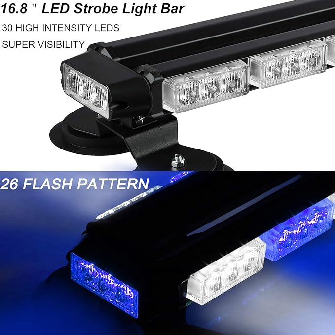 ASPL 16.8 Inch LED Strobe Flashing Light Bar, 26 Flashing Modes High Intensity Emergency Hazard Warning Beacon Lights with Magnetic Base for Car Trucks Trailer Roof Safety (Blue White Blue White)