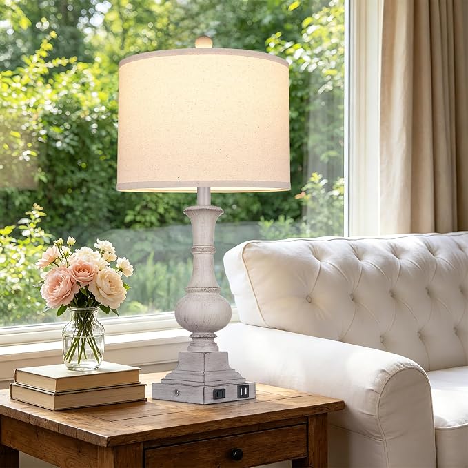 26" Tall Farmhouse Table Lamp for Bedroom, Vintage Touch Control Bedside Lamp for Living Room with USB A/C Charging Ports & AC Outlets,Rustic 3-Way Dimmable Nightstand Lamp for Side Table Antique Gray
