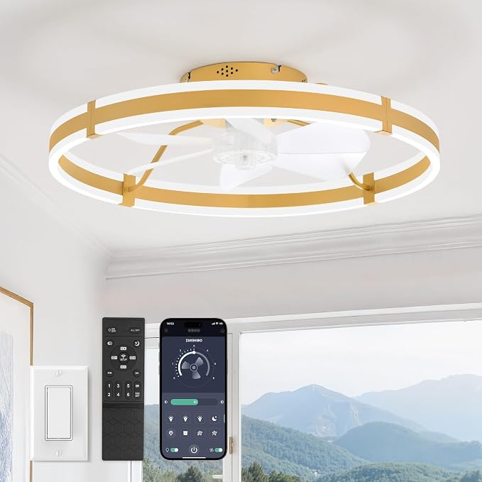 ZMISHIBO Low Profile 24'' Ceiling Fans with Lights and Remote, Gold | 3000-6000K Dimmable LED Fandelier, Quiet DC Motor, Reversible Airflow, 6 Wind Speeds, Timer, Bedroom, Living Room, Kitchen