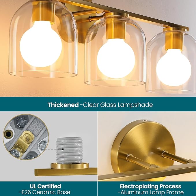 WOSHITU Bathroom Vanity Light Fixtures: 23.3 Inch Modern Brushed Gold Bathroom Light Fixtures Over Mirror with Clear Glass Shade, 3-Light Bathroom Lights Above Mirror