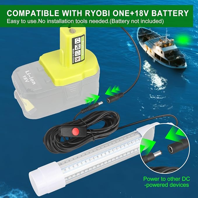 Underwater Fishing Light Compatible with Ryobi Battery(Tool Only) | Green Fishing Light LED Underwater For Crappie And Squid Attaracting,13W,1512 lumens,Green Dock Light(No Battery)