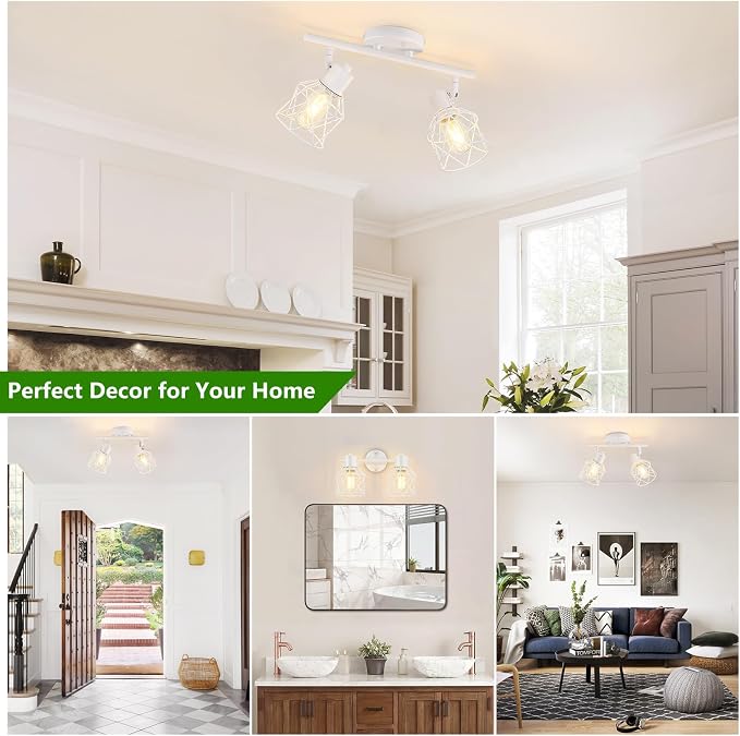 Baocuz 2-Lights White Kitchen Track Lighting, Adjustable Multi-Directional Ceiling Light Fixtures, Rotatable Farmhouse Light Fixtures Mount with Metal Cage for Dining Room, Living Room, Bedroom