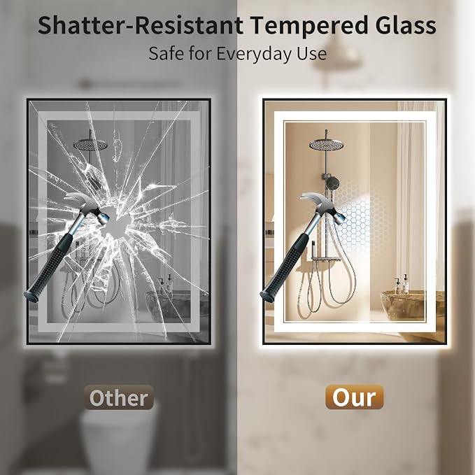 22"x30" LED Bathroom Mirror with Lights, Front & Backlit, Anti-Fog | Lighted Mirror with Dimmable, Aluminum Frame, 3 Color Temperature, CRI 90+, Touch Control with Memory, HD Tempered Glass