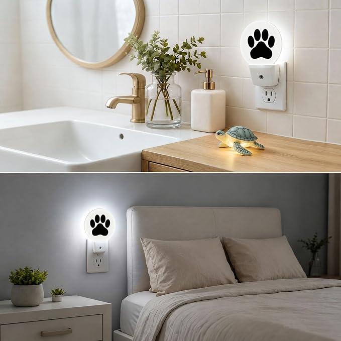 Nightlight Dog Paw Plug-in Night Lights Dusk to Dawn | Animal Puppy Black Cartoon Footprint Night Light LED Round Lamp with Auto on/off Sensor for Kitchen Hallway Bedroom Bathroom