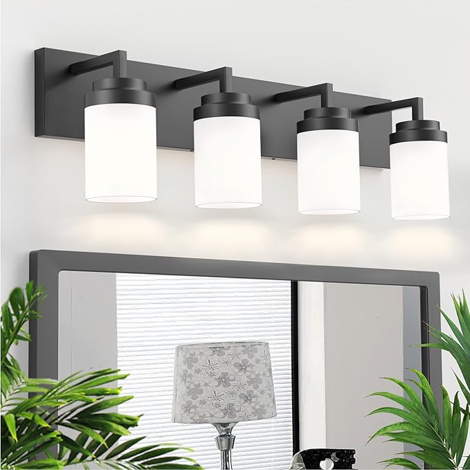 Bathroom Vanity Light, 4 Light Matte Black Vanity Light with White Matte Glass Shade, 30in Farmhouse Wall Light, Lighting Fixtures Over Mirror for Bathroom