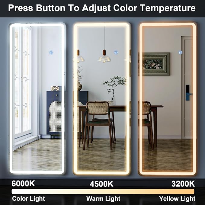 56" x 20" Full Length Mirror, LED Lighted Floor Standing Mirror | Dimming & 3 Color Lighting and Shatterproof Tempered Glass Wall Hanging or Leaning Full Body Mirror for Bedroom/Home Decor