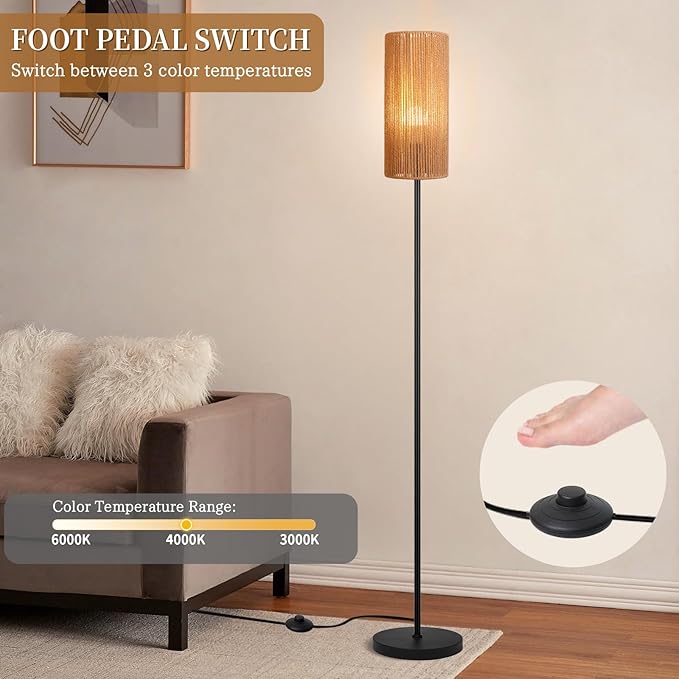 Ruiever Floor Lamp for Living Room,Farmhouse Floor lamp,Modern Standing lamp with Hand-Worked Rattan Shade (Straight Line Rattan Shade- 3 Color Bulb)