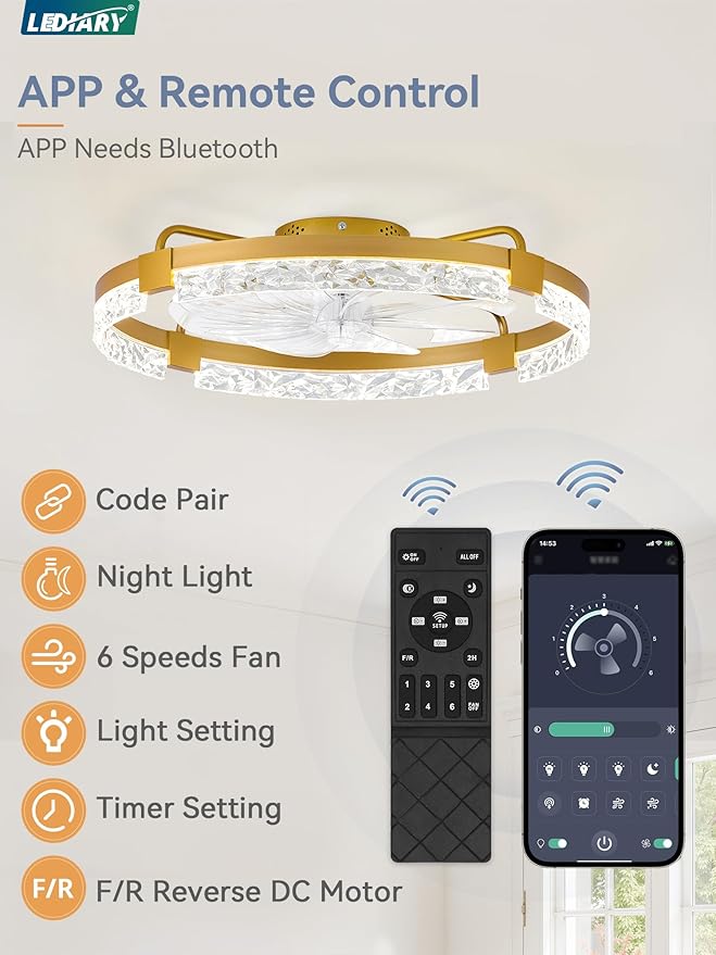 LEDIARY 24 Inch Low Profile Ceiling Fans with Lights and Remote, Flush Mount Fandelier Ceiling Fan, 3000K-6000K Dimmable LED Fan Light, Gold Modern Ceiling Fans with Lights for Bedroom