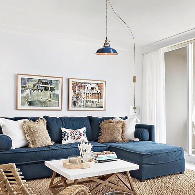YUBOLE Farmhouse Plug-in Pendant Light-Dark Blue Barn Hanging Light | Adjutable Hanging Cord with On-Off Switch Swag Lamp Renter Fridenly for Kitchen Bar Cafe Bedroom Loft