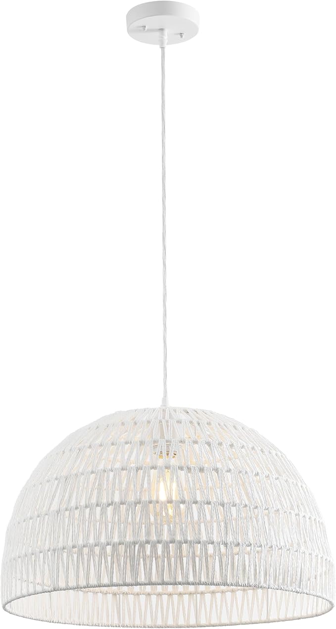 JONATHAN Y Campana 1-Light Pendant Dome Ceiling Lamp, 20", White | Modern Coastal Farmhouse Decor, Adjustable Height, Woven Rope Metal Frame, LED Bulb Included, UL Listed