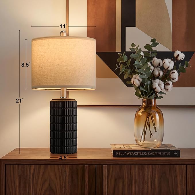 PoKat 21'' Black Table Lamp with Gift Box, Small for Bedroom, Stone-Like | Farmhouse Bedside Lamp for Nightstands, Matte-Textured Ceramic Design, Ideal Gift, Modern Home Decor for Living Room Hallway