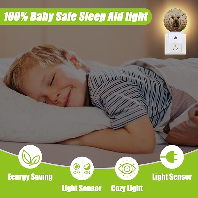 Highland Cow Night Light,Flowers Night Lights Plug into Wall for Kitchens Toilets Bedroom Decorative Half Round Nightlight Led Lamp 0.5W Sleep Friendly