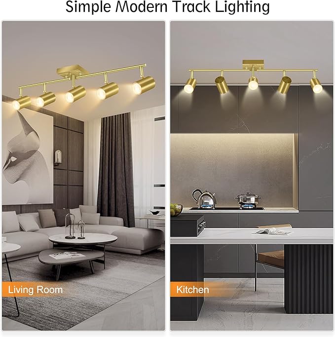 BoostArea 5 Light Track Lighting Fixtures Ceiling, Gold Kitchen Lighting Fixtures Ceiling, LED Track Lighting Kit, Rotatable Light Heads, Modern Track Lights for Kitchen/Living Room/Hallway, No Bulb