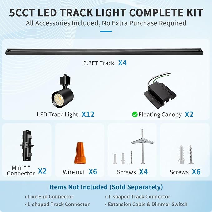 2-Set 5-Color 6-Light LED Track Lighting Kit with 6.6FT H Type Track Lighting Rail, DimmableTrack Lights with Floating Canopy, Ceiling Spot Light Flicker Free, CRI90+, 36° Beam 10W 800lm, Black