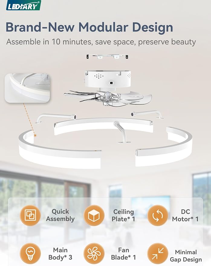 LEDIARY 20" Low Profile Ceiling Fans with Lights, APP & Remote, White | Flush Mount, Dimmable LED, Quiet DC Motor, Reversible, 6 Speeds, Fandelier, for Bedroom