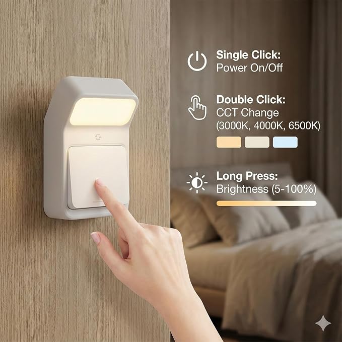 Rechargeable Night Light Wall Sconces, Battery Powered Bedside Table Lamp, 1200mAh Cordless Magnetic Stick on LED, Dimmable 3 Colors, Portable Reading, Dorm, Push Button